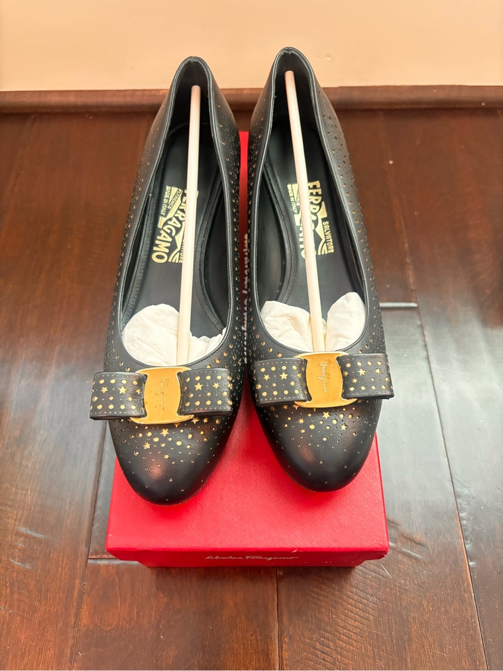 Salvatore Ferragamo Black Leather Vara Bow Flats with Gold Star Accents